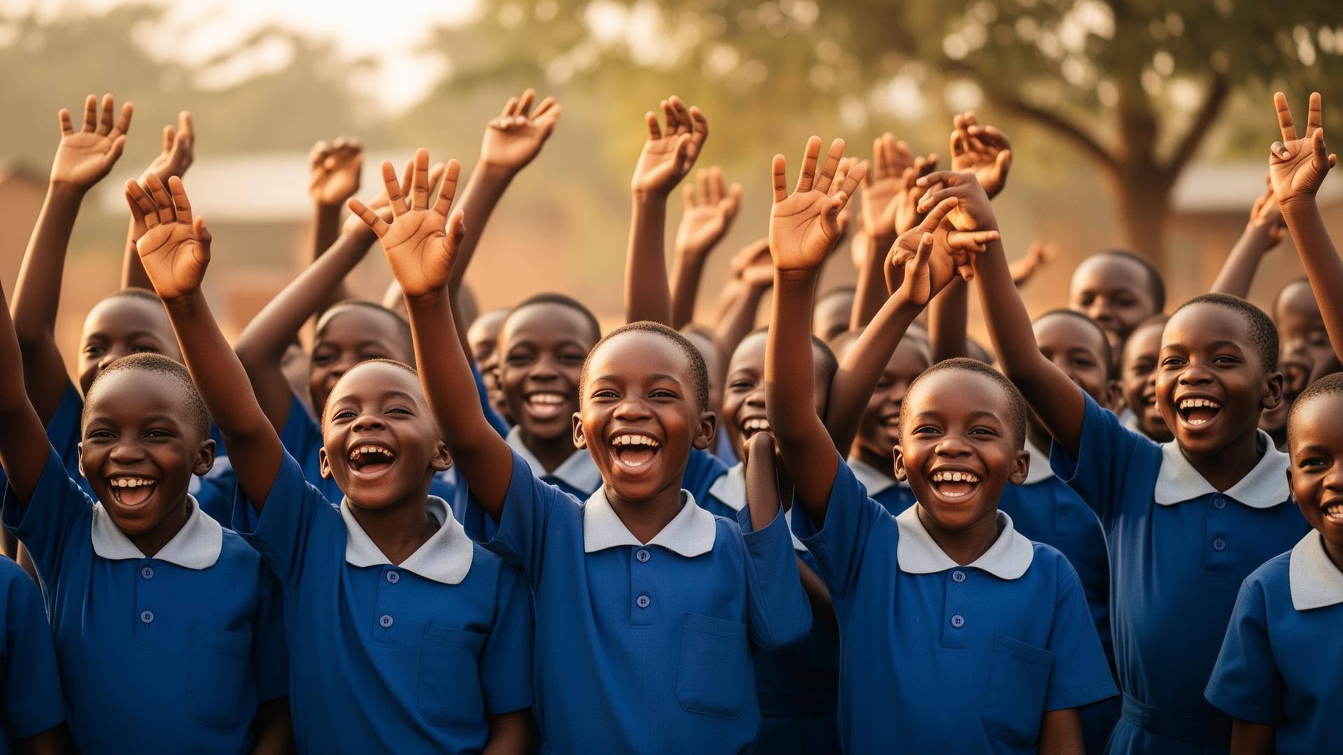 Students raising hands celebrating community impact